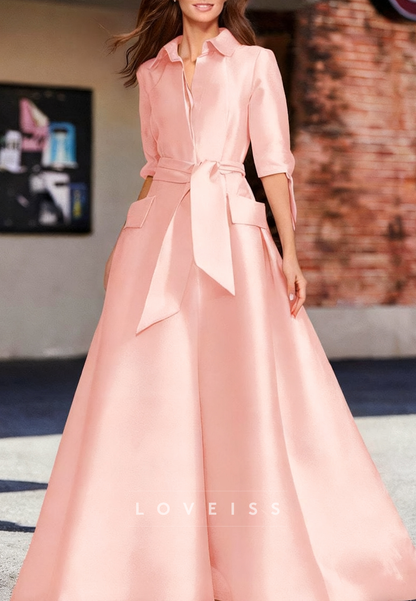 V-Neck Half Sleeves Belt Satin A-Line Mother of Bride Dress