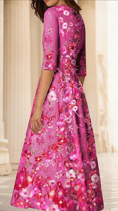 V-Neck Half Sleeves Floral Appliques A-Line Mother of Bride Dress