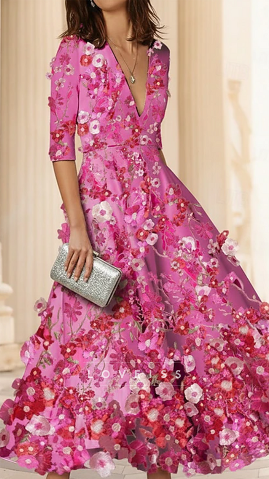 V-Neck Half Sleeves Floral Appliques A-Line Mother of Bride Dress