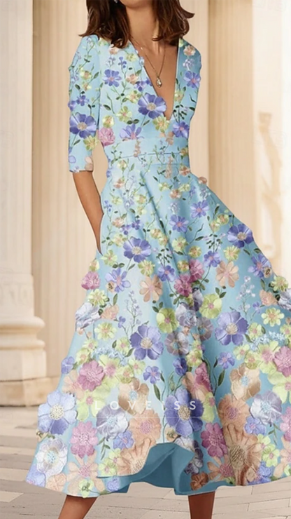 V-Neck Half Sleeves Floral Appliques A-Line Mother of Bride Dress