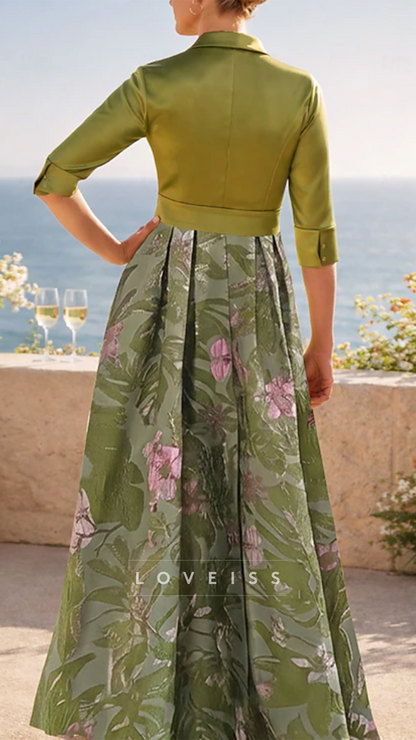 V-Neck Half Sleeves Floral Printed A-Line Mother  of Bride Dress