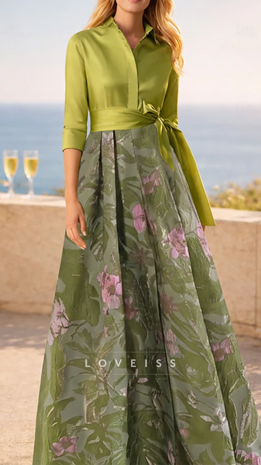 V-Neck Half Sleeves Floral Printed A-Line Mother  of Bride Dress