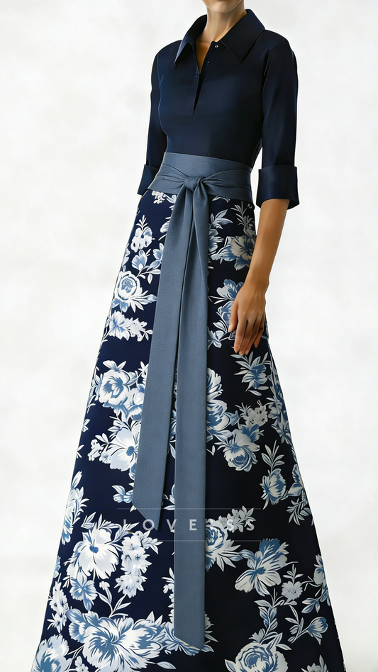 V-Neck Half Sleeves Floral Printed A-Line Satin Mother of Bride Dress