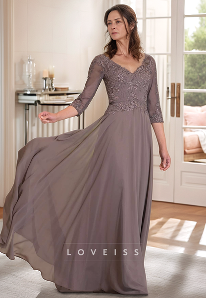 V-Neck Half Sleeves Pleated Appliques Chiffon A-Line Mother of Bride Dress