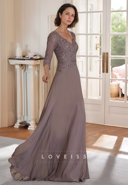 V-Neck Half Sleeves Pleated Appliques Chiffon A-Line Mother of Bride Dress