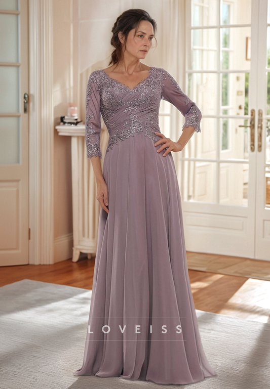 V-Neck Half Sleeves Pleated Appliques Chiffon A-Line Mother of Bride Dress