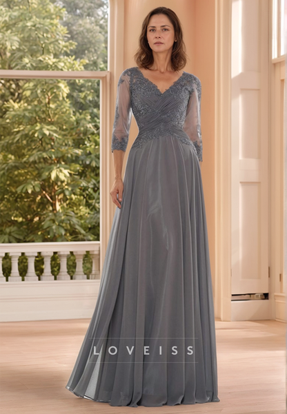 V-Neck Half Sleeves Pleated Appliques Chiffon A-Line Mother of Bride Dress