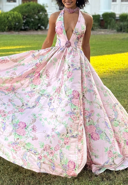 V-Neck Halter Floral Printed A-Line Prom Dress