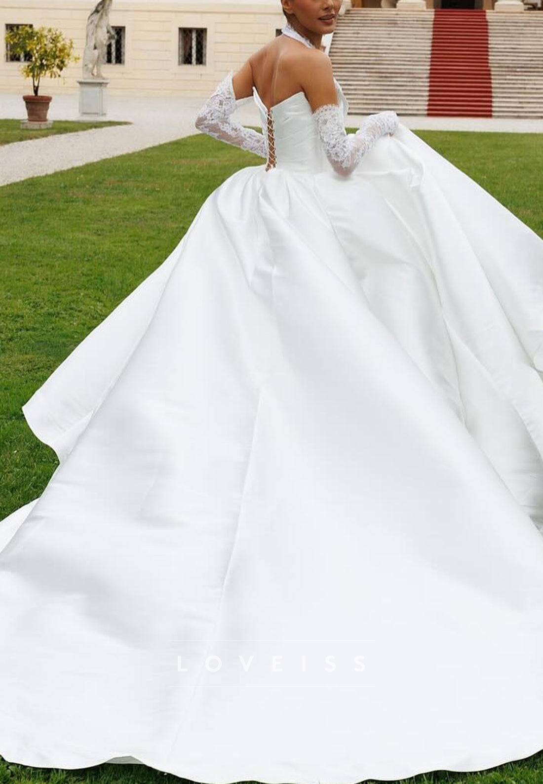 V-Neck Halter Satin Corset Appliques A-Line Wedding Dress