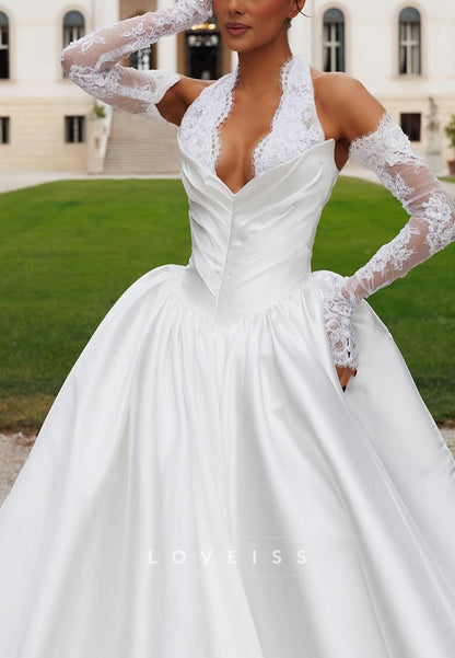 V-Neck Halter Satin Corset Appliques A-Line Wedding Dress