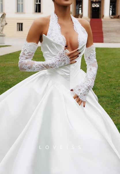 V-Neck Halter Satin Corset Appliques A-Line Wedding Dress