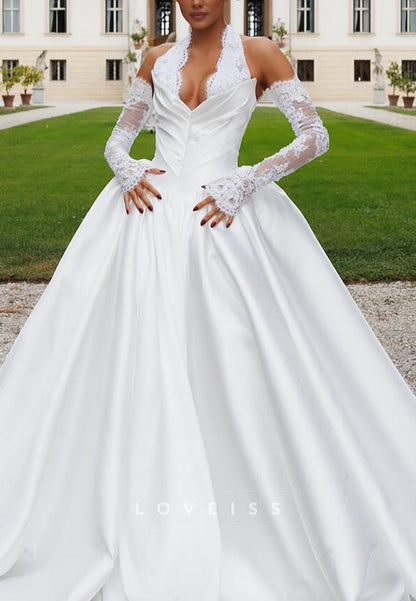 V-Neck Halter Satin Corset Appliques A-Line Wedding Dress