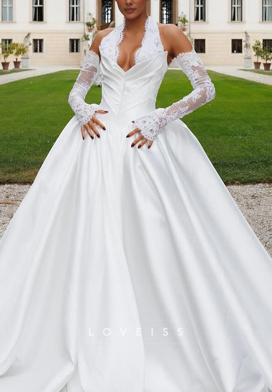 V-Neck Halter Satin Corset Appliques A-Line Wedding Dress