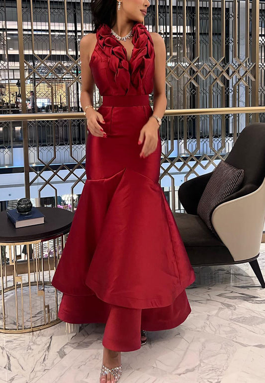 V-Neck Halter Sleeveless Sleek Satin A-Line Evening Dress