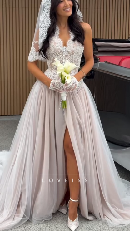 V-Neck Lace Appliques A-Line Wedding Dress