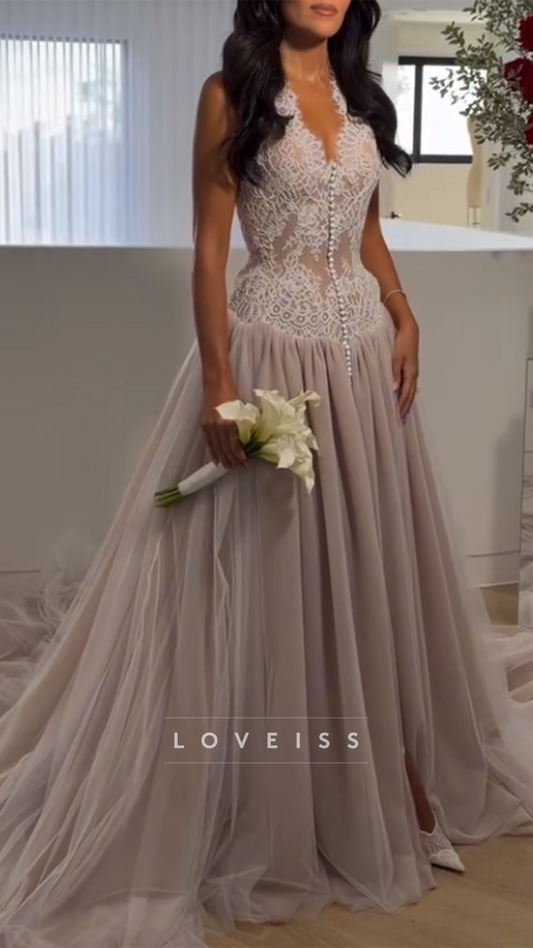 V-Neck Lace Appliques A-Line Wedding Dress