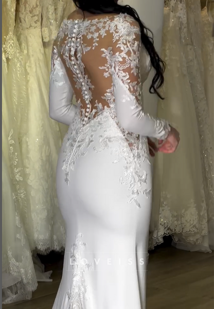 V-Neck Lace Appliques Long Sleeves Mermaid Wedding Dress