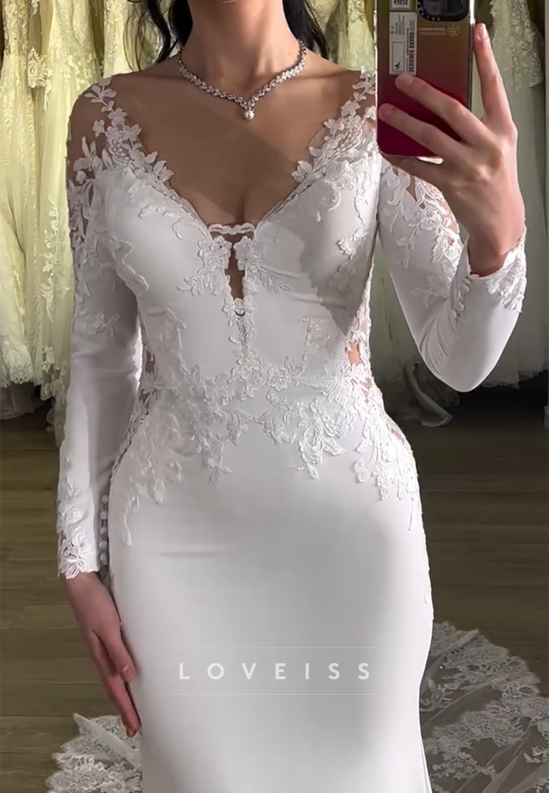 V-Neck Lace Appliques Long Sleeves Mermaid Wedding Dress