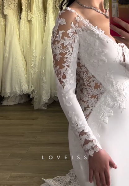 V-Neck Lace Appliques Long Sleeves Mermaid Wedding Dress