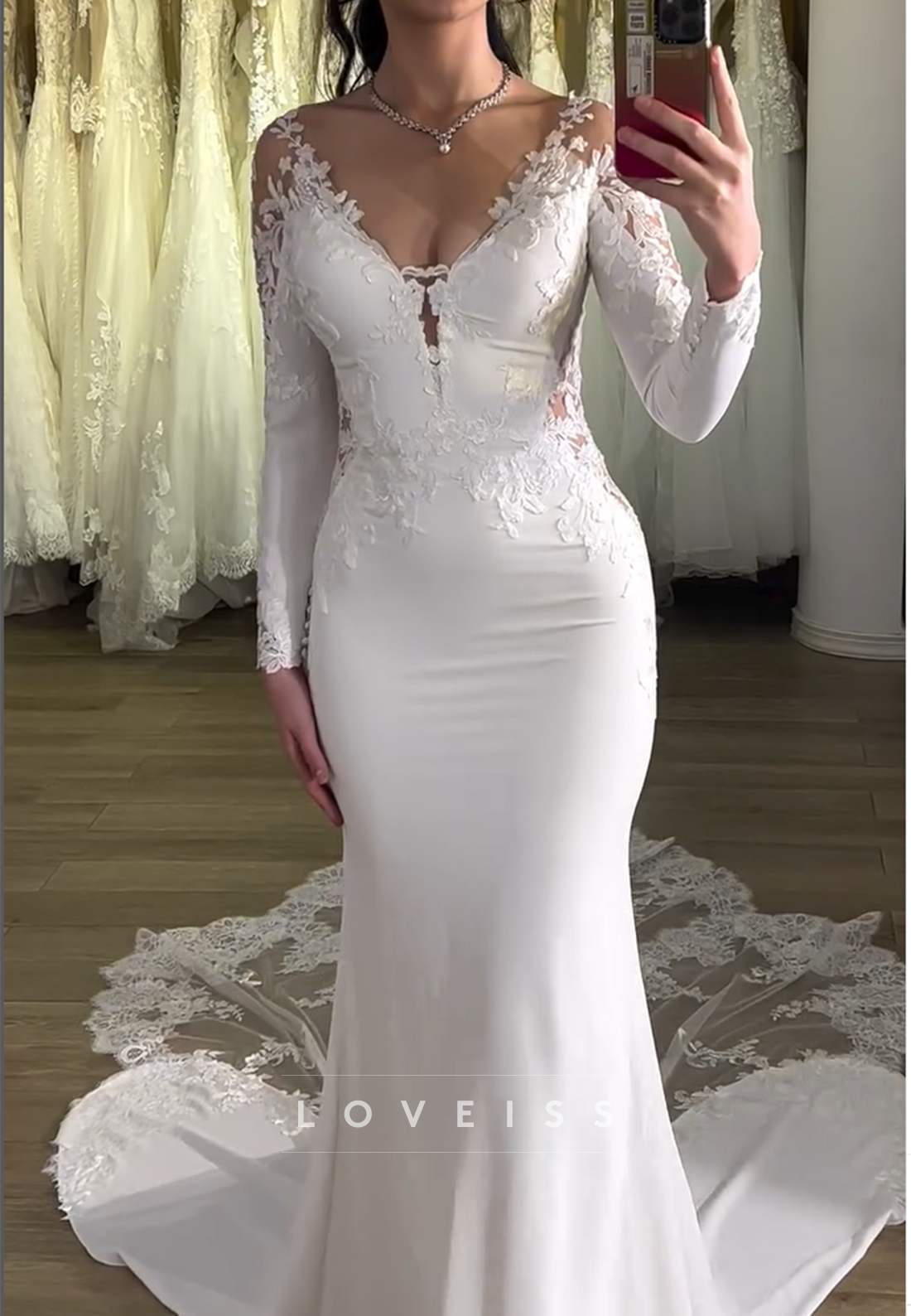 V-Neck Lace Appliques Long Sleeves Mermaid Wedding Dress