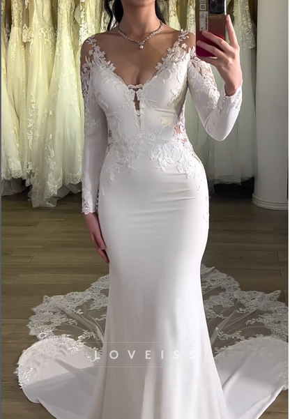V-Neck Lace Appliques Long Sleeves Mermaid Wedding Dress