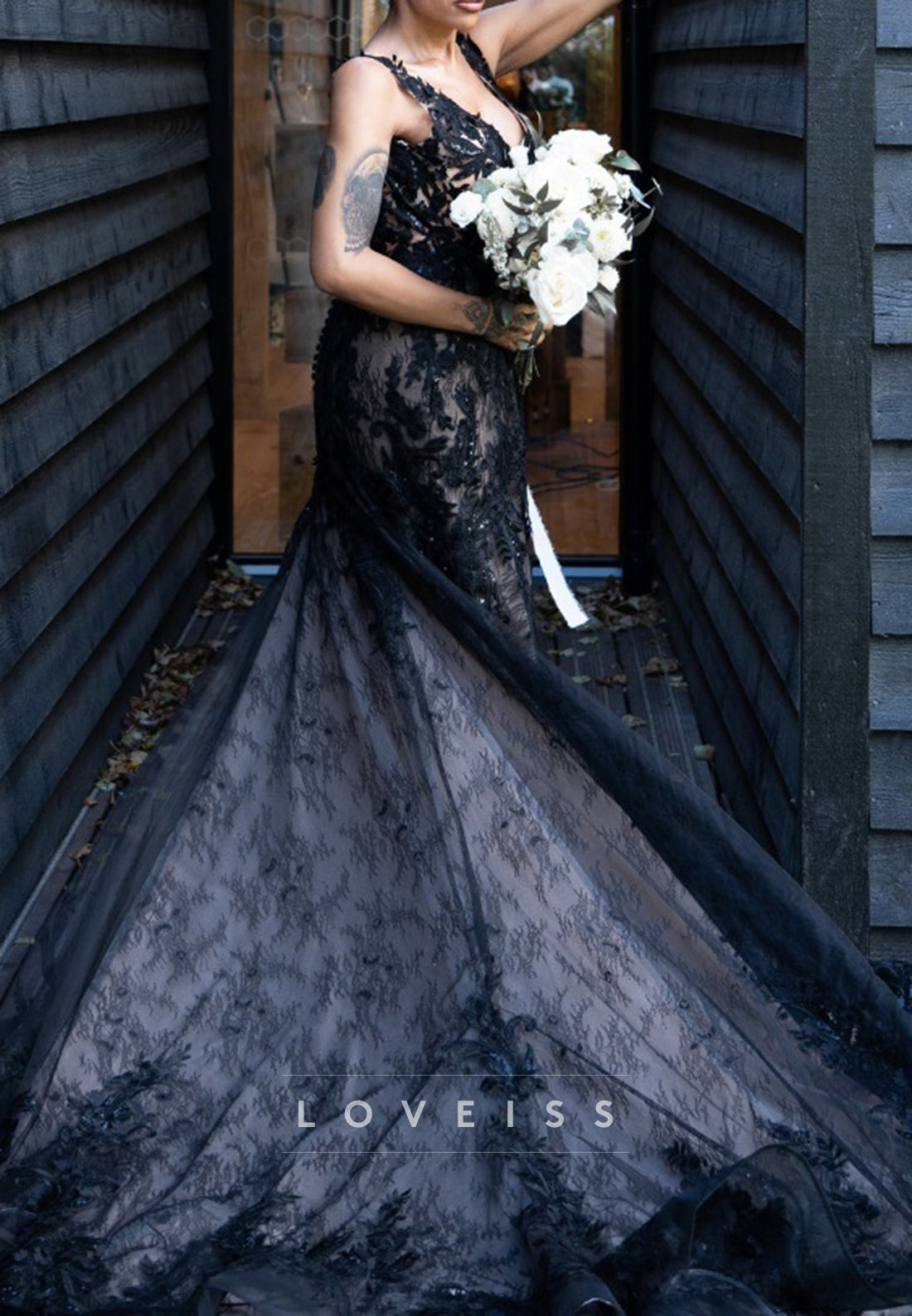 V-Neck Lace Appliques Mermaid Black Wedding Dress