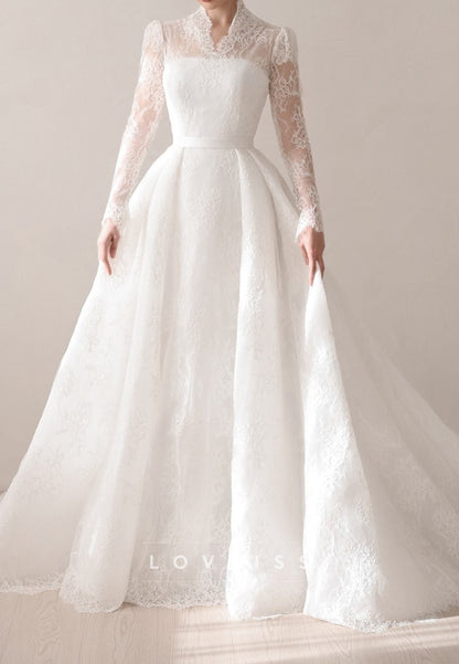 V-Neck Lace Appliques Long Sleeves A-Line Wedding Dress