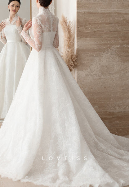 V-Neck Lace Appliques Long Sleeves A-Line Wedding Dress