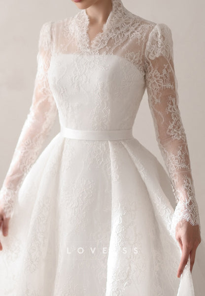 V-Neck Lace Appliques Long Sleeves A-Line Wedding Dress