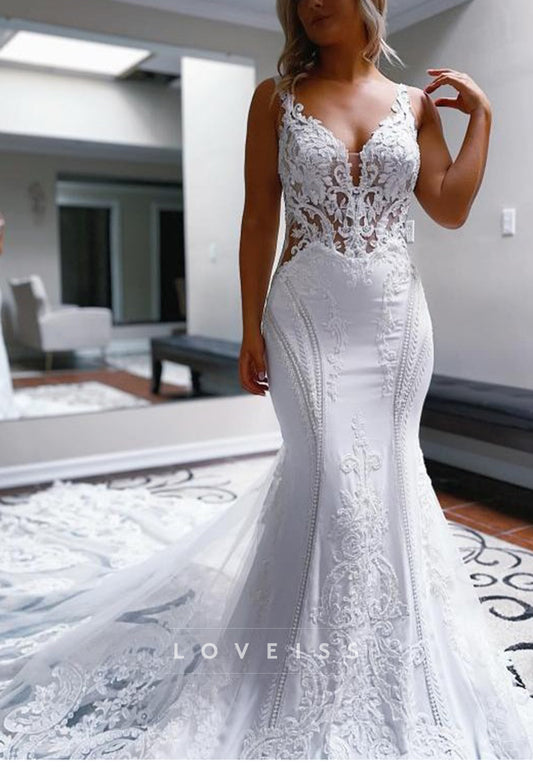 V-Neck Lace Appliques Spaghetti Straps Mermaid Wedding Dress