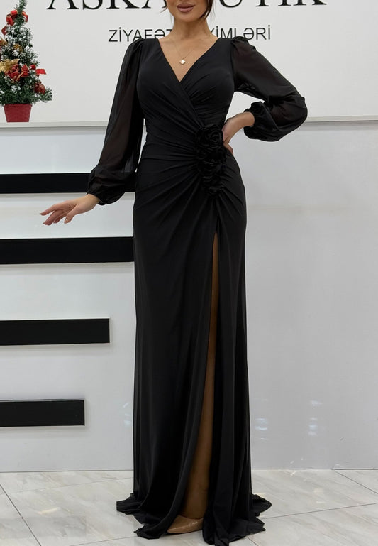 V-Neck Long Sleeves 3D Floral Ruched Sheath  Mother of Bride Dress