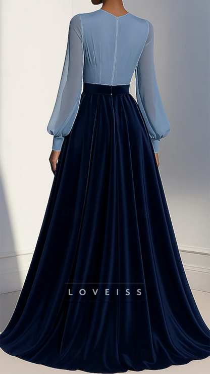 V-Neck Long Sleeves A-Line Mother of Bride Dress
