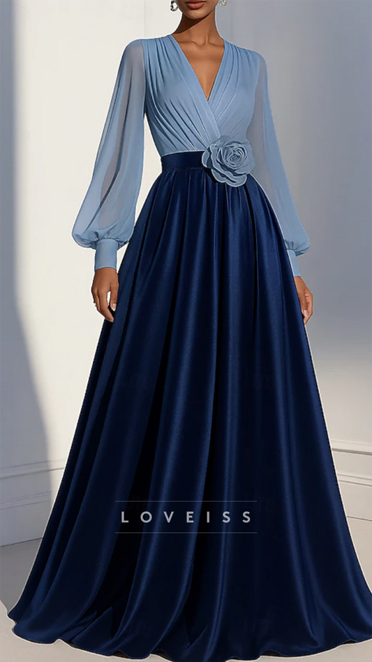 V-Neck Long Sleeves A-Line Mother of Bride Dress
