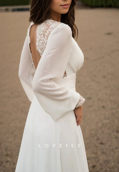 V-Neck Long Sleeves Appliques A-Line Beach Wedding Dress