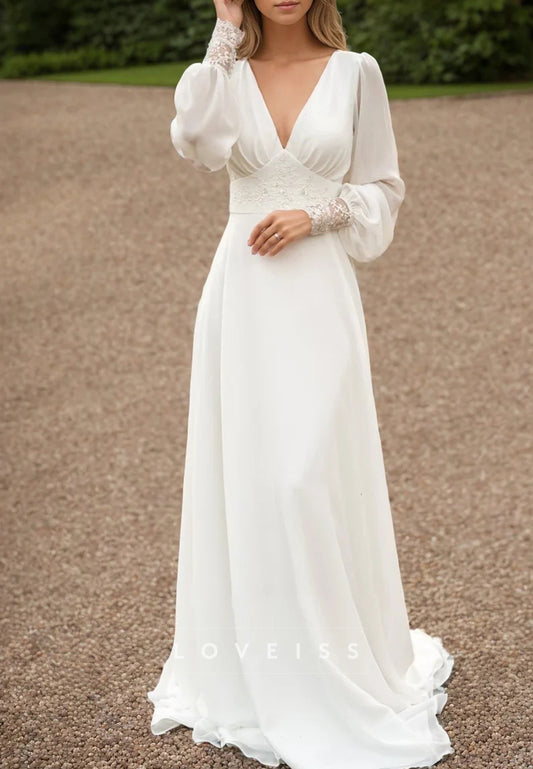 V-Neck Long Sleeves Appliques A-Line Beach Wedding Dress