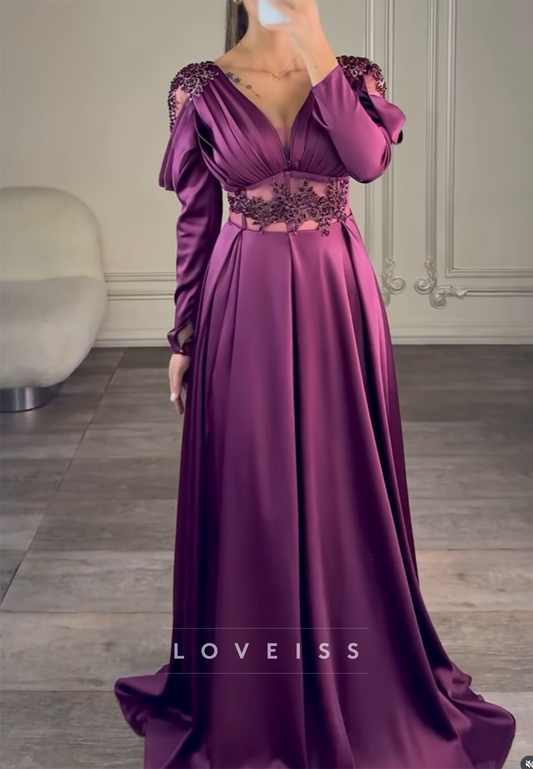 V-Neck Long Sleeves Appliques A-Line Evening Dress