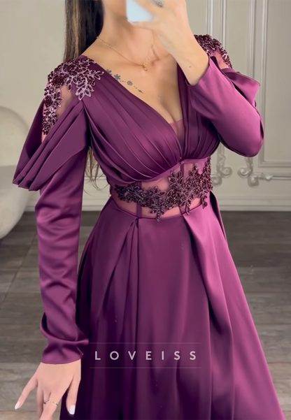 V-Neck Long Sleeves Appliques A-Line Evening Dress