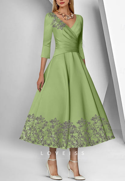 V-Neck Long Sleeves Appliques A-Line Midi Mother of Bride Dress