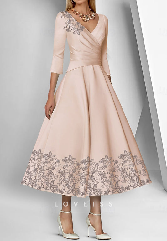 V-Neck Long Sleeves Appliques A-Line Midi Mother of Bride Dress
