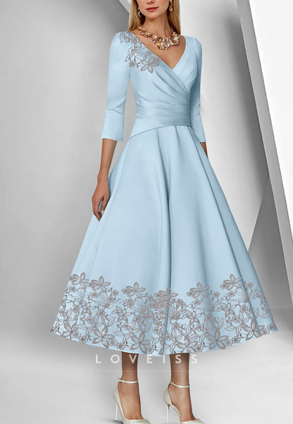 V-Neck Long Sleeves Appliques A-Line Midi Mother of Bride Dress