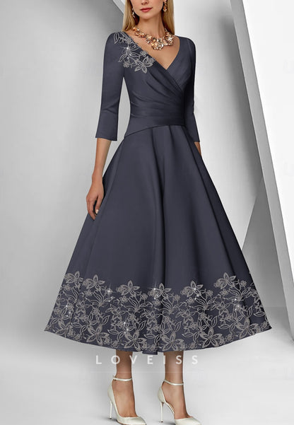 V-Neck Long Sleeves Appliques A-Line Midi Mother of Bride Dress