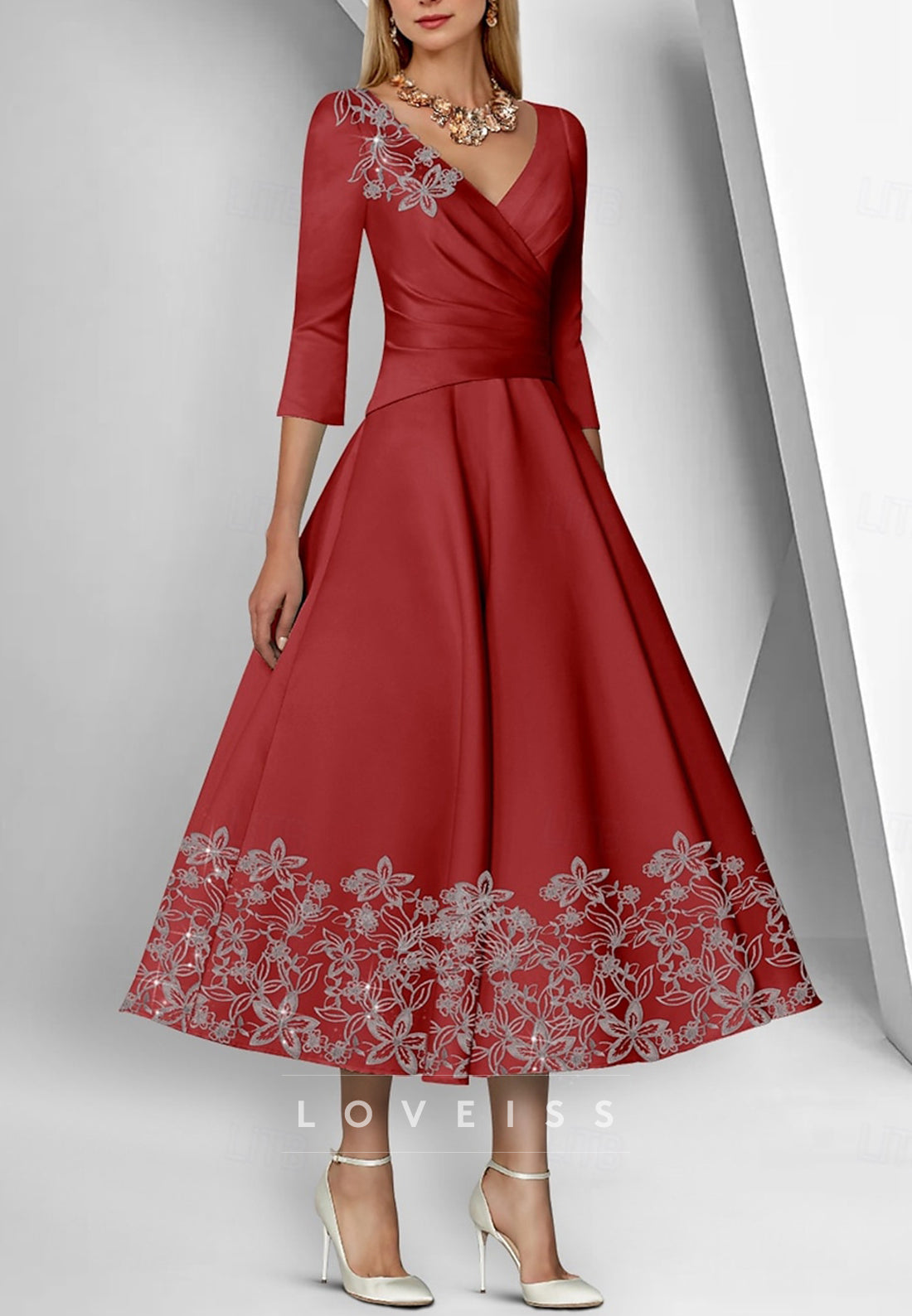 V-Neck Long Sleeves Appliques A-Line Midi Mother of Bride Dress