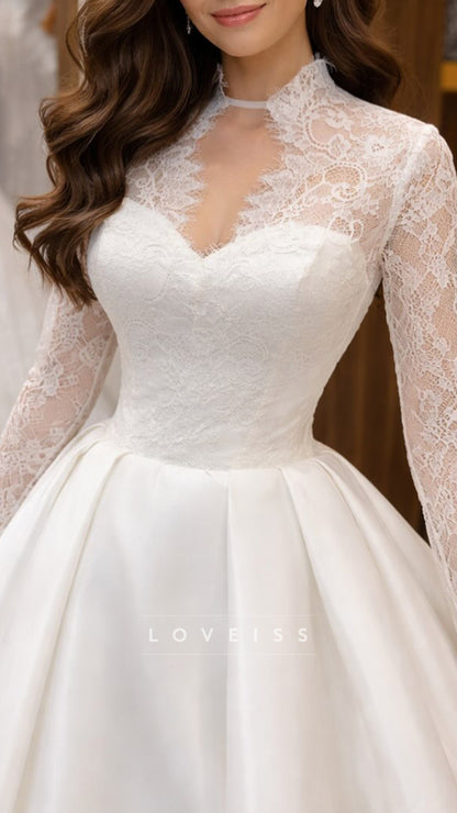 V-Neck Long Sleeves Appliques A-Line Wedding Dress