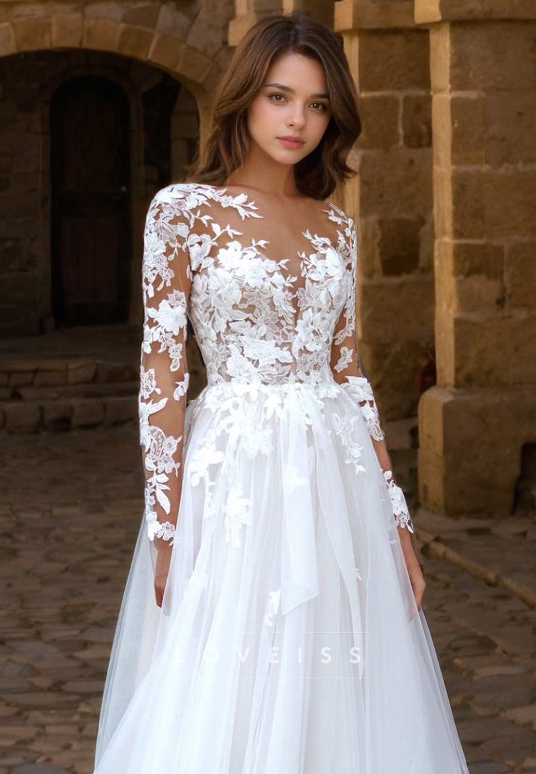 V-Neck Long Sleeves Appliques A-Line Wedding Dress