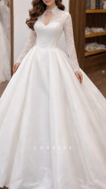 V-Neck Long Sleeves Appliques A-Line Wedding Dress