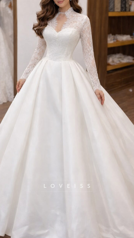V-Neck Long Sleeves Appliques A-Line Wedding Dress