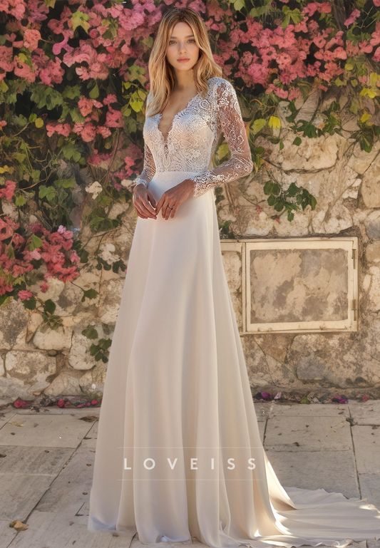 V-Neck Long Sleeves Appliques A-Line Wedding Dress