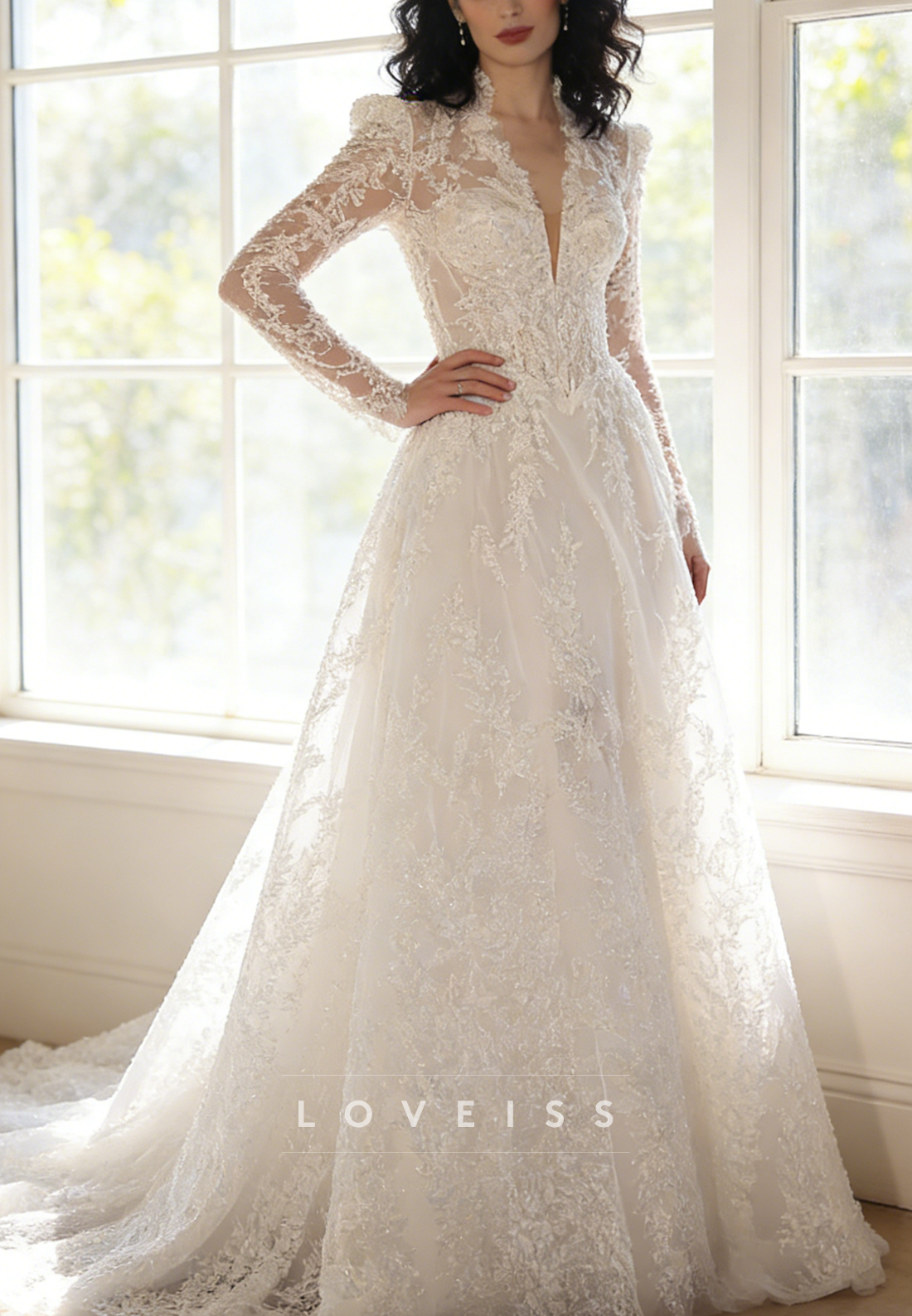 V-Neck Long Sleeves Appliques A-Line Wedding Dress