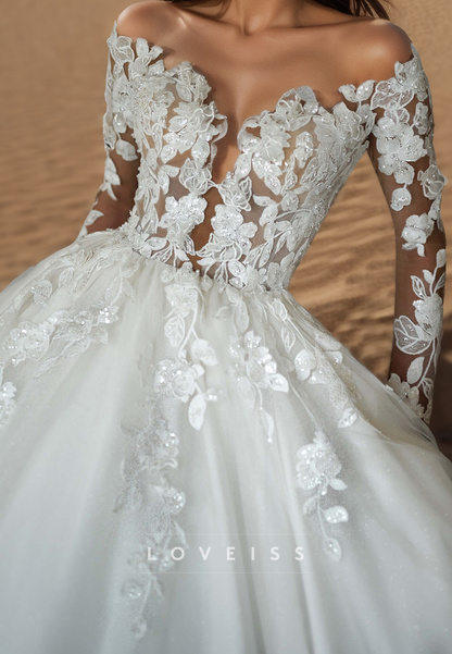 V-Neck Long Sleeves Appliques Ball Gown Wedding Dress