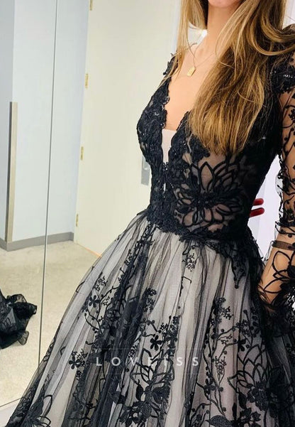 V-Neck Long Sleeves Appliques Black A-Line Wedding Dress